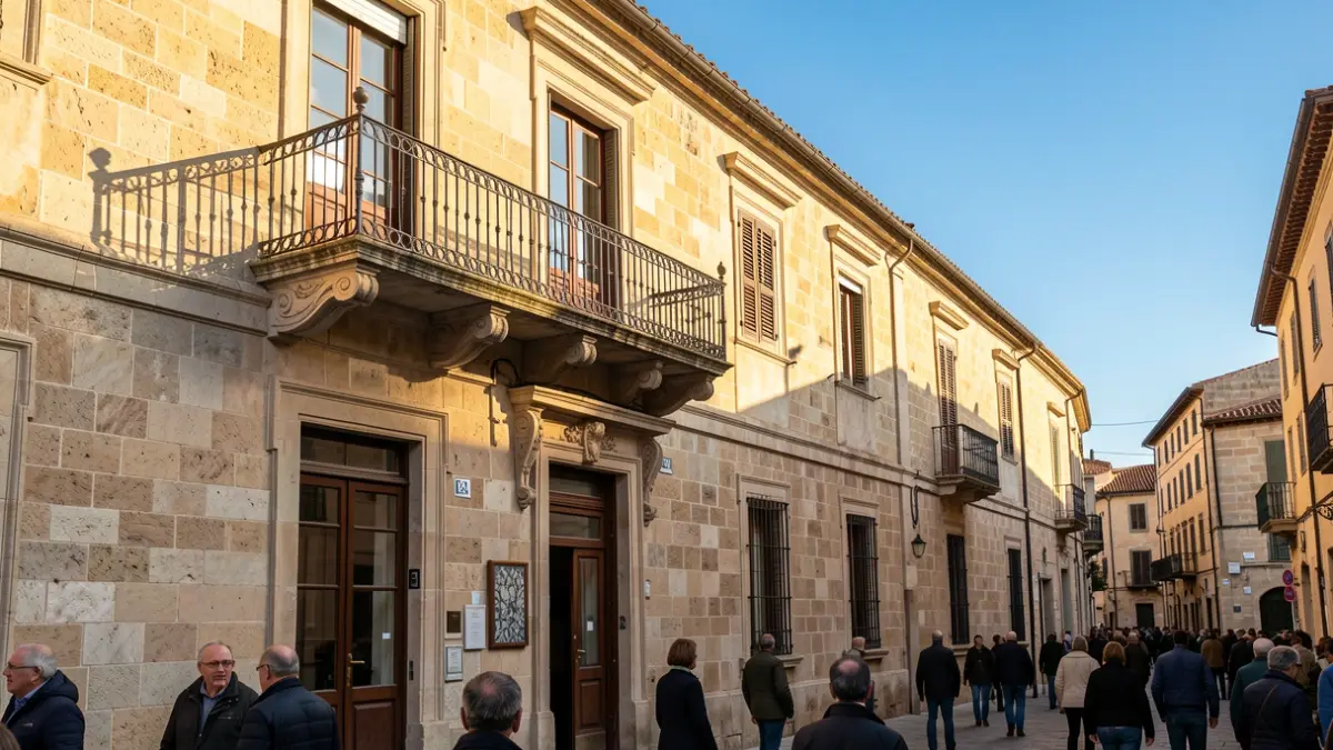 Imagen genérica de un edificio municipal con balcón y luz solar.