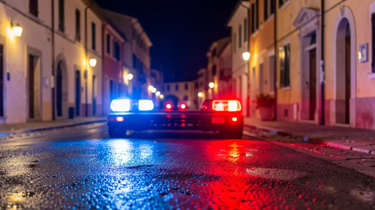 Imagen genérica de luces de emergencia reflejándose en asfalto mojado por la noche.