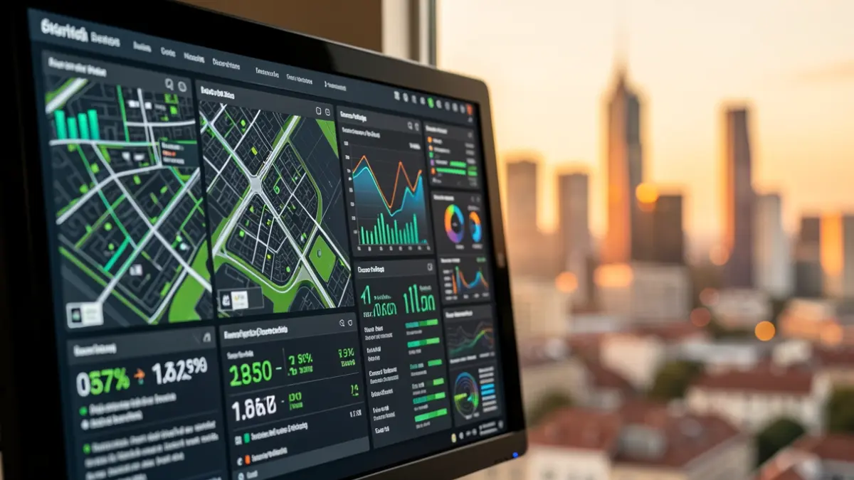 Generic image of a digital interface with urban planning data and sustainability metrics.