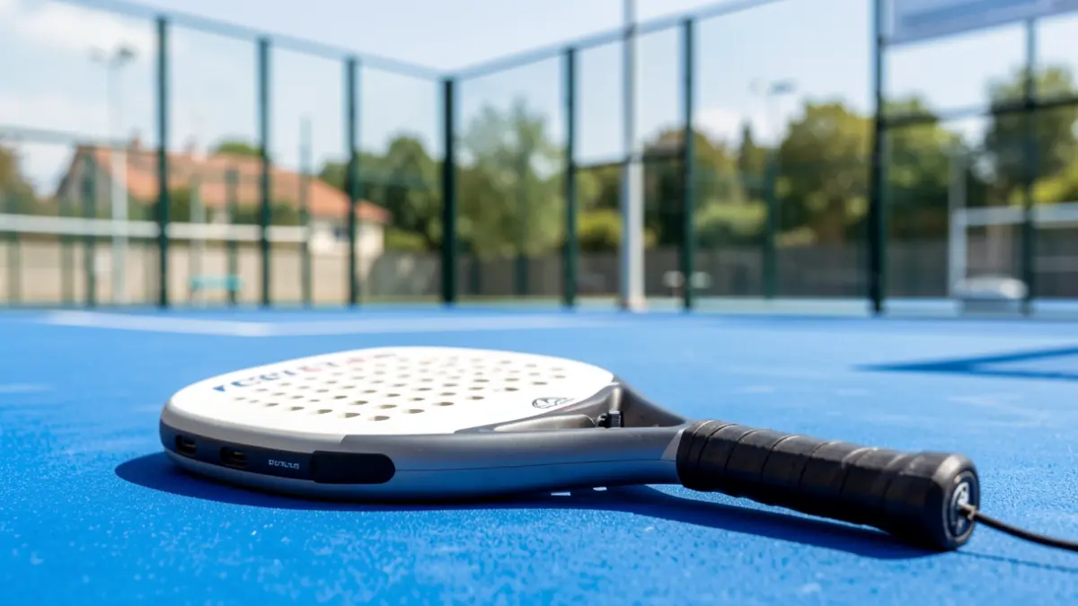 Generic image of a padel racket on a blue court in a sports facility.