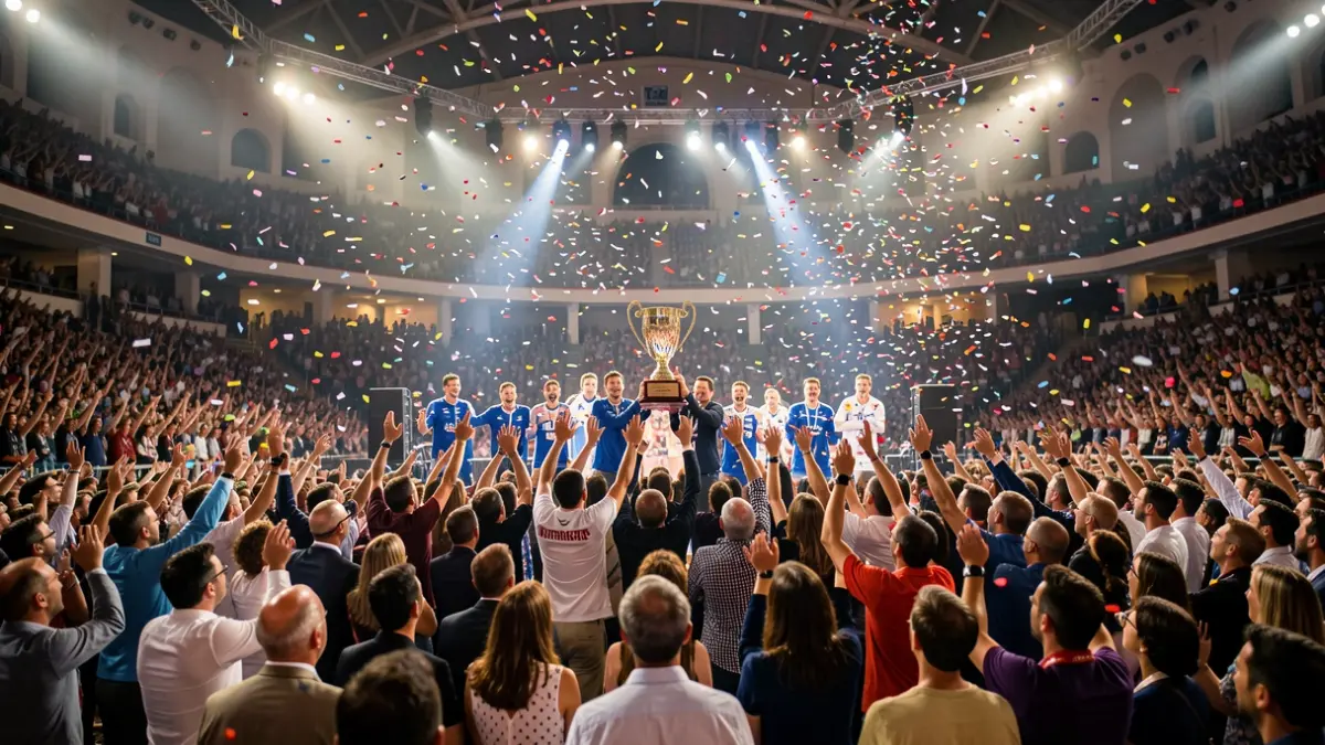Generic image of a sports celebration with fans and players.