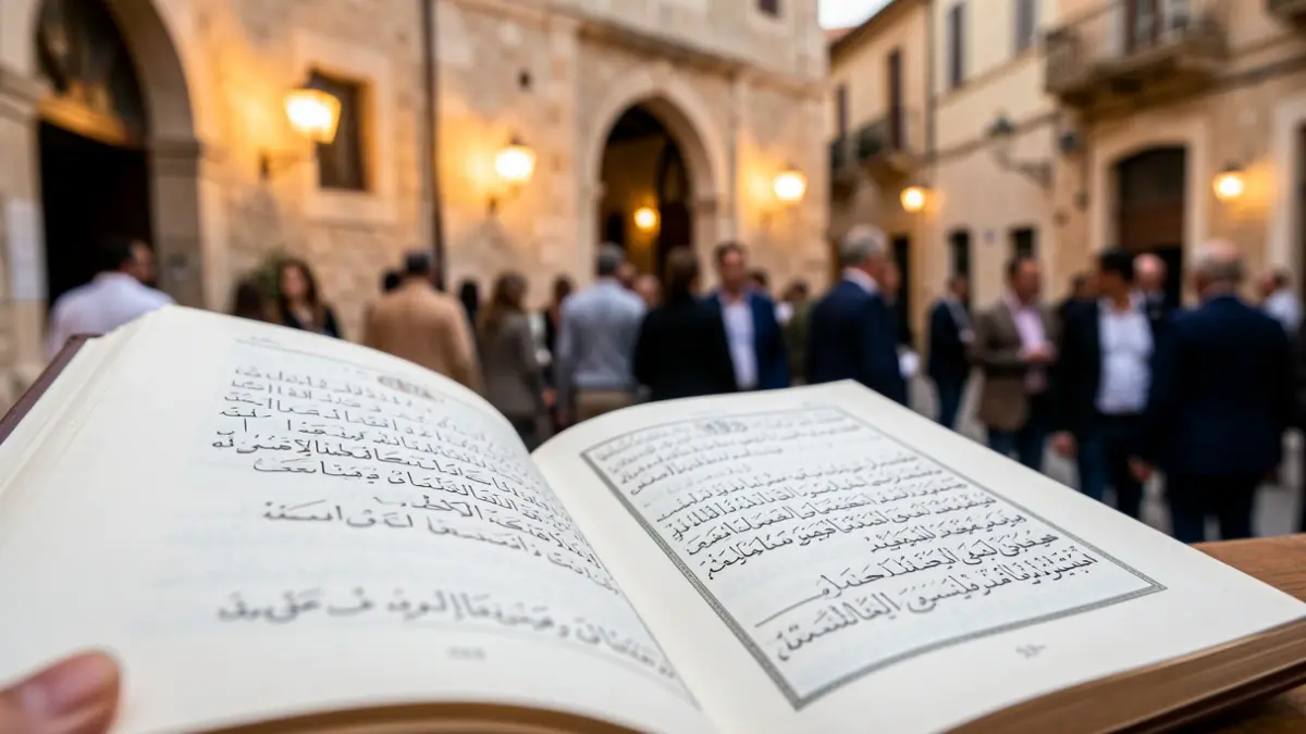 Imagen genérica de un libro abierto con caligrafía árabe y arquitectura mediterránea.