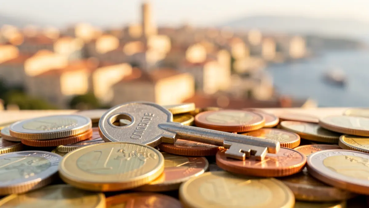 Generic image of keys and coins with a Mediterranean city in the background.