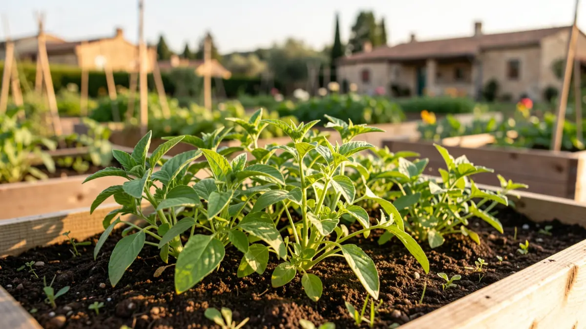 Imatge genèrica de parcel·les d'horts urbans amb vegetació i arquitectura mediterrània al fons.