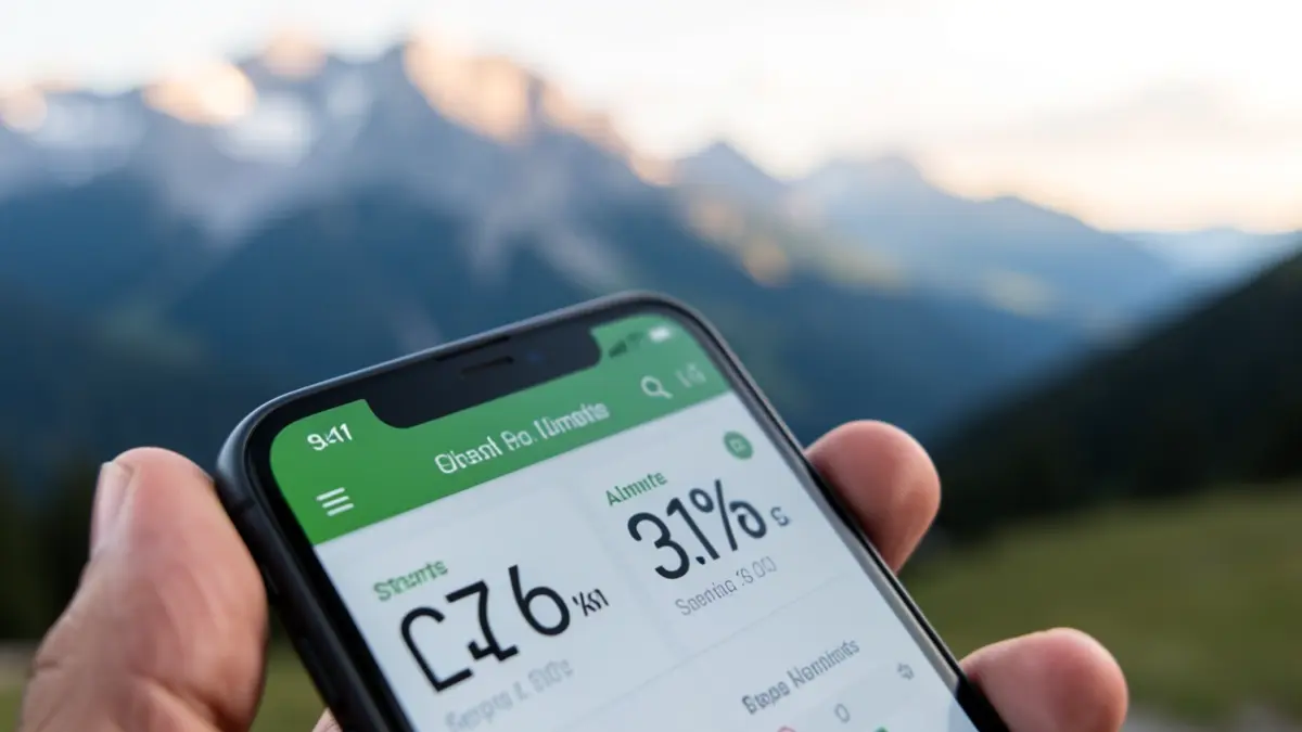 Imatge genèrica d'una aplicació de salut en un telèfon mòbil amb dades de passos i altitud, amb un paisatge muntanyós desenfocat al fons.