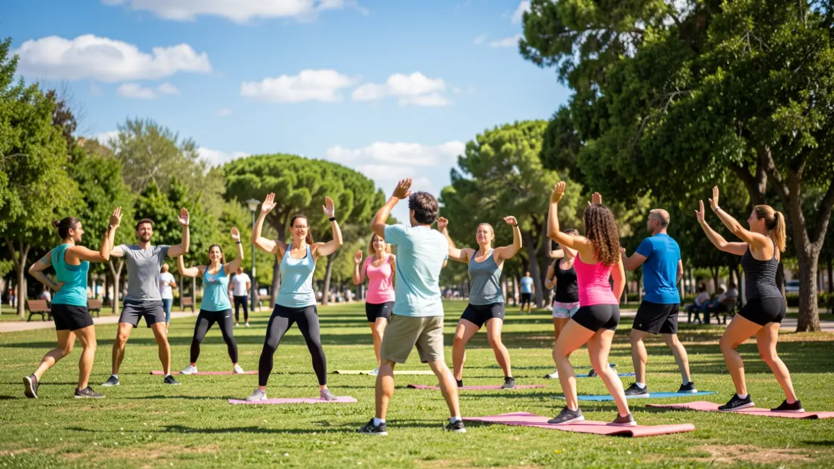 Imagen genérica de una clase de actividad física al aire libre en un parque.