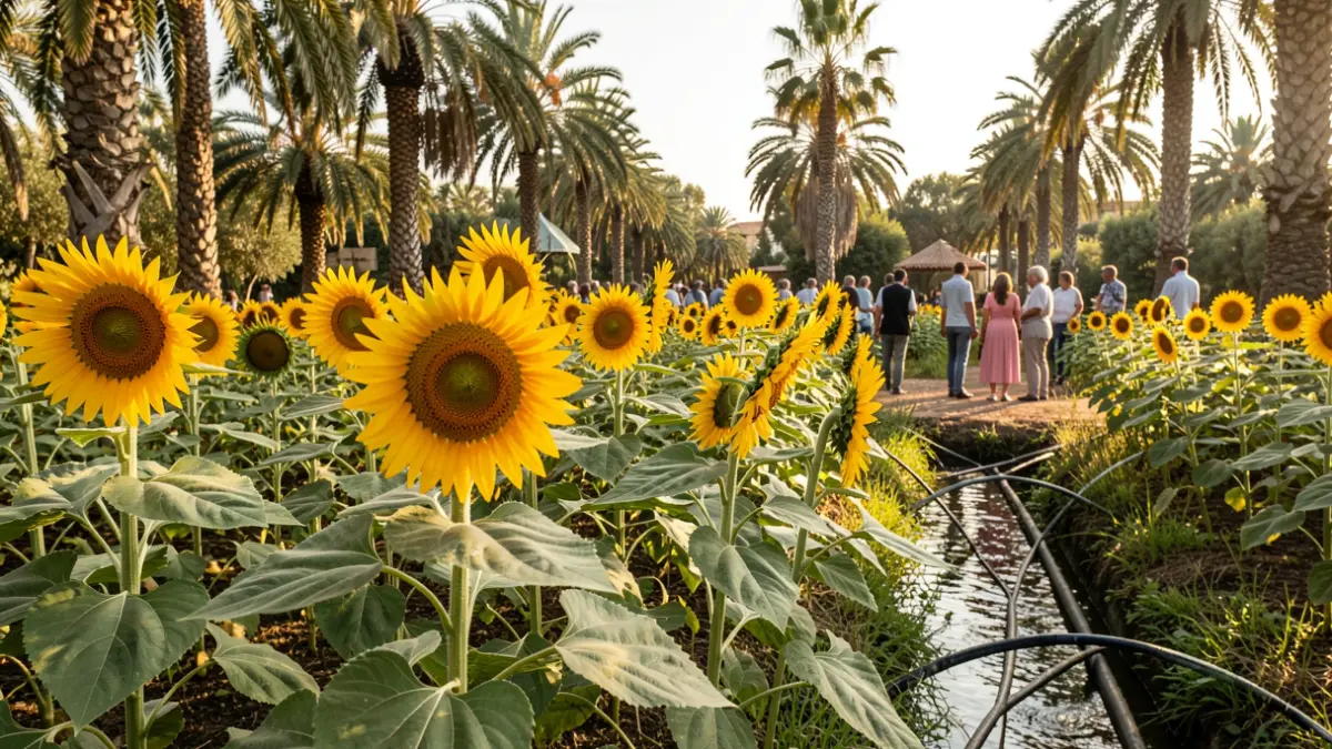 Image of sunflowers planted in a palm grove with water channels.
