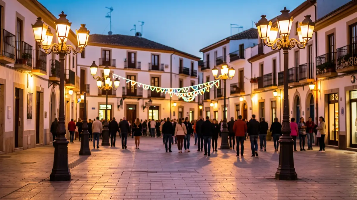 Imatge genèrica d'una plaça de poble valencià al capvespre amb il·luminació festiva.