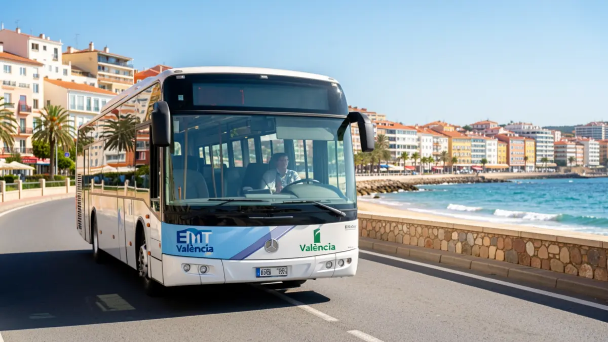 Autobús de l'EMT València circulant per la costa cap a la platja en un dia d'estiu.