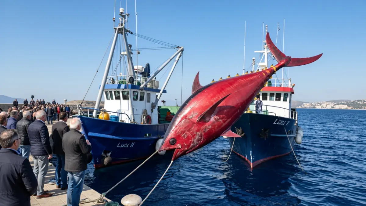 Imagen de un gran atún rojo capturado junto a la embarcación Luixi II en la costa de Castellón.