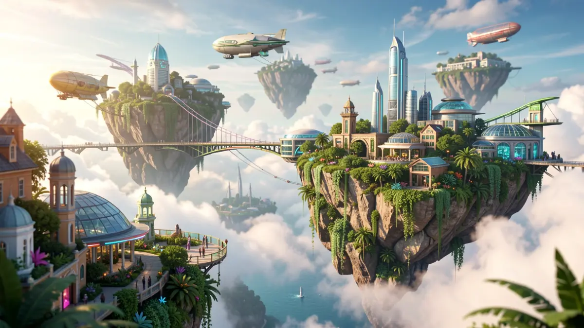 Imagen genérica de islas flotantes conectadas por dirigibles en un paisaje de ciencia ficción.
