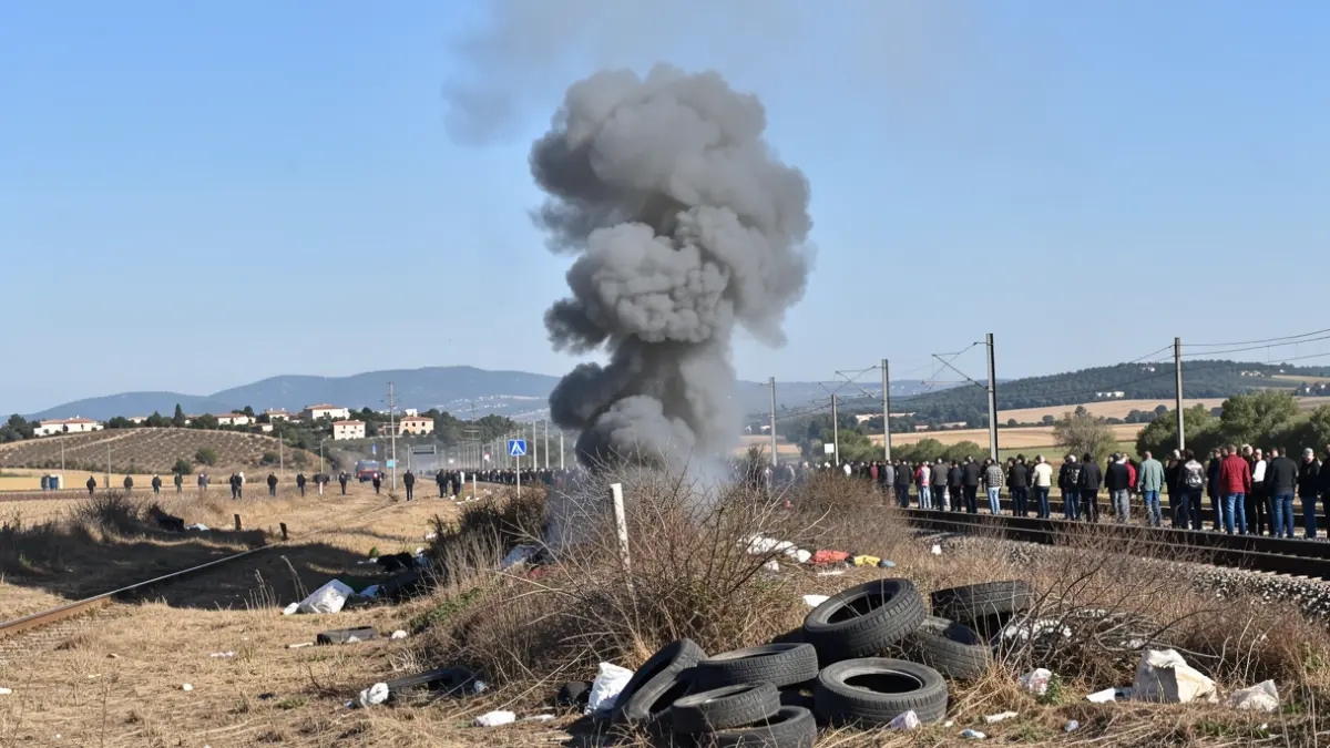 Columna de fum gris sobre vegetació seca i runes amb pneumàtics prop de vies de tren.