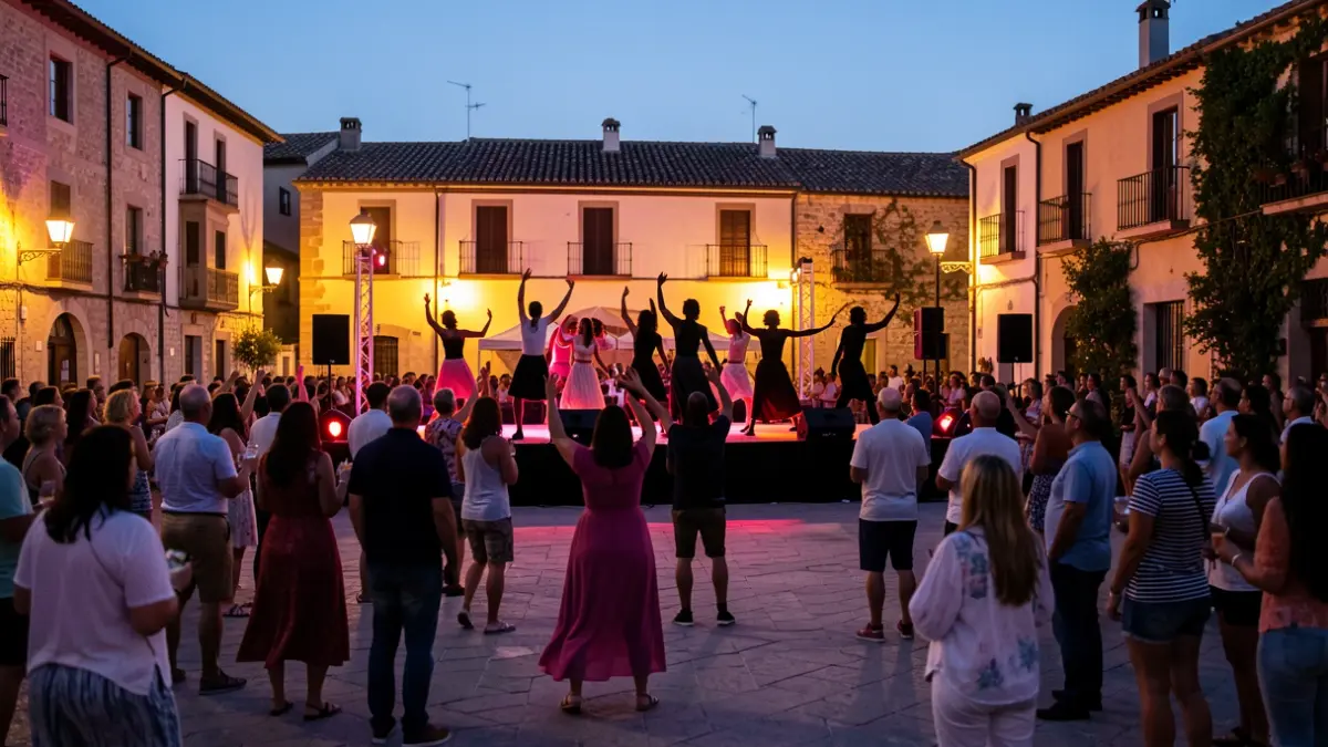 Generic image of a dance festival in a Mediterranean square at dusk.