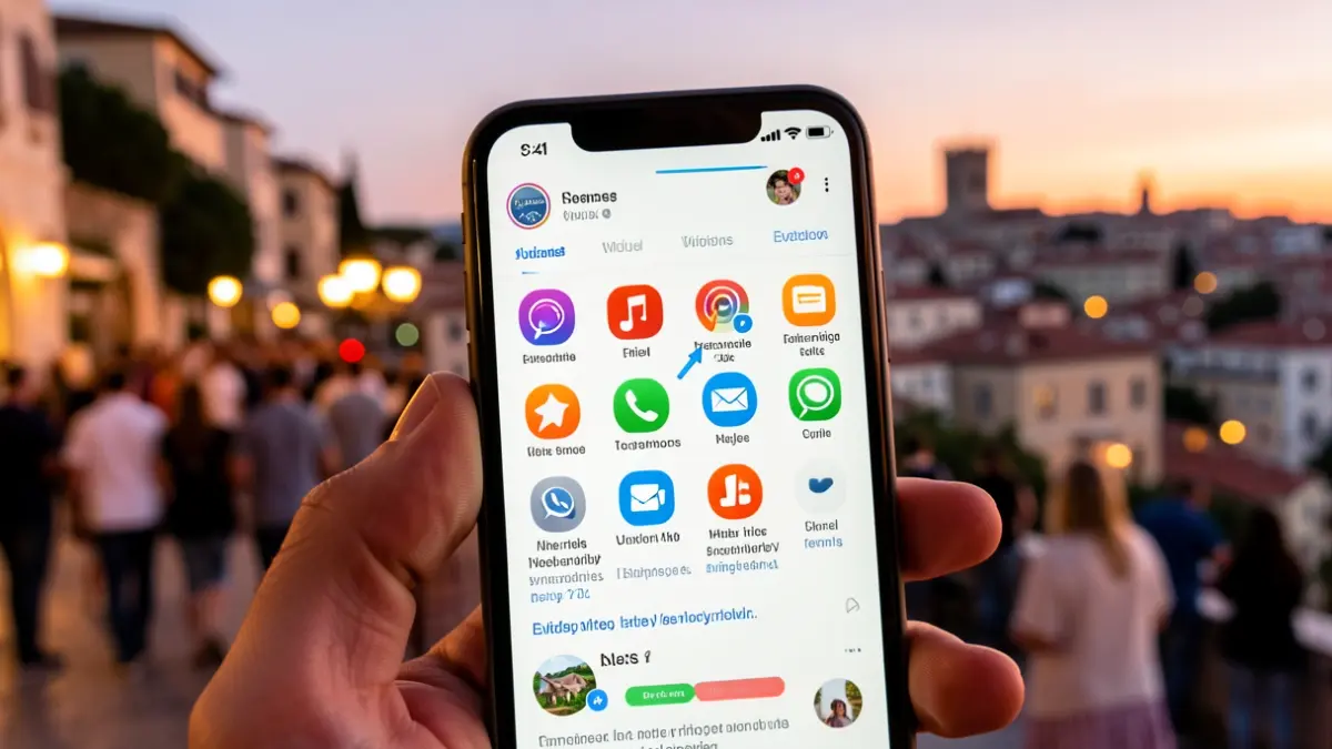 Imatge genèrica d'un telèfon mòbil mostrant icones de xarxes socials i consells mediambientals.