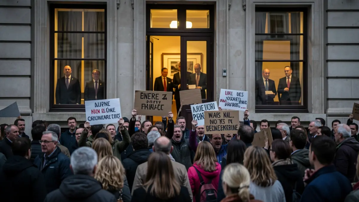Imatge genèrica de manifestants protestant fora d'un edifici institucional.