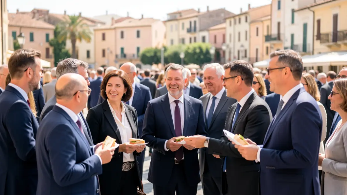 Imatge genèrica d'un acte polític amb assistents i menjar informal en un entorn mediterrani.