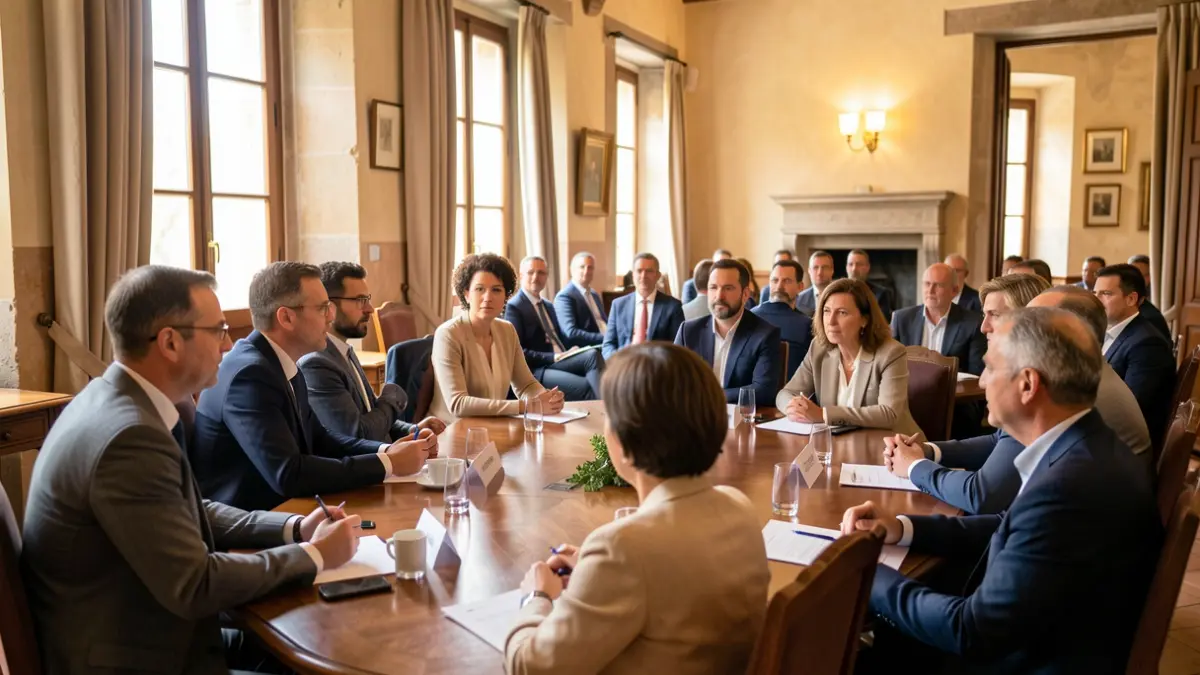 Generic image of a political meeting with attendees and Mediterranean architectural elements.