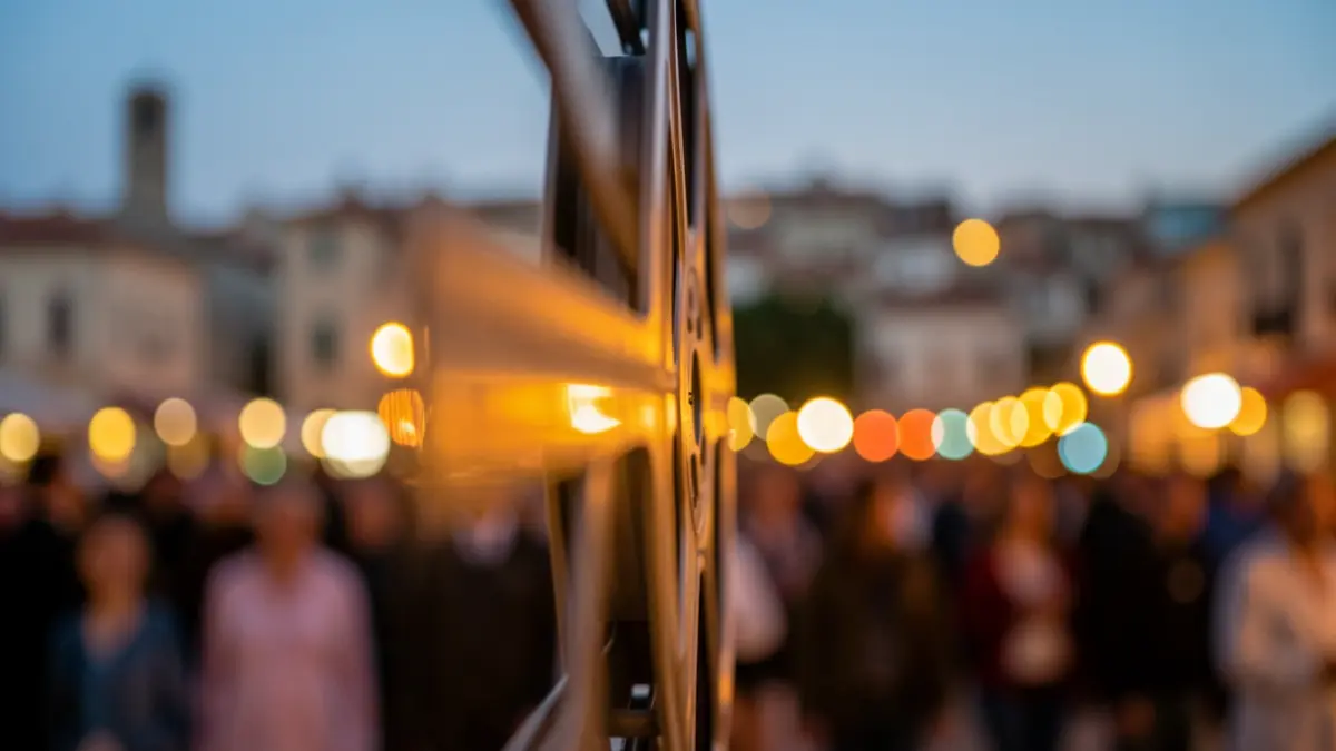 Generic image of a film reel with soft lights and a Mediterranean cityscape in the background.