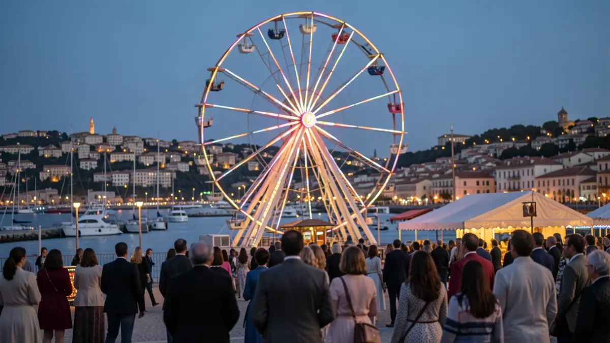 Generic image of an amusement fair in the port of Vinaròs at dusk.