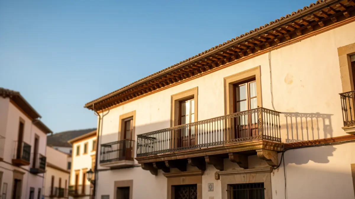 Imagen genérica del Ayuntamiento de Foios, un edificio histórico con balcón y barandillas de hierro, iluminado por el sol de la tarde.
