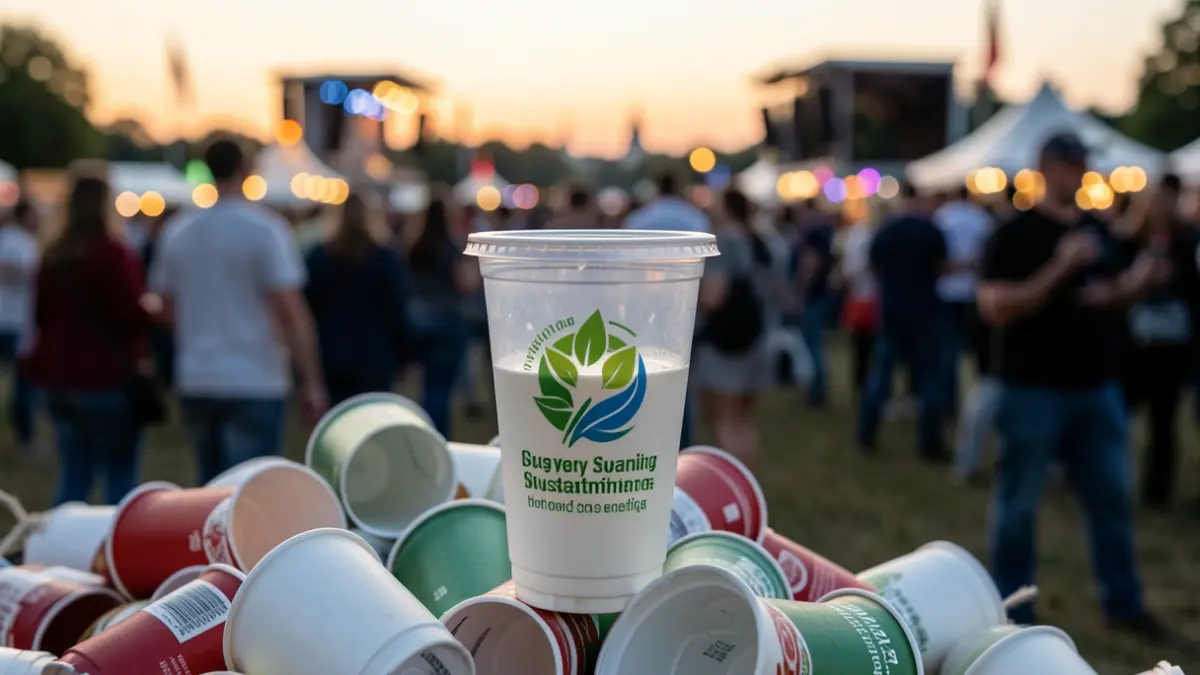 Imagen genérica de vasos reutilizables y de un solo uso en un festival.