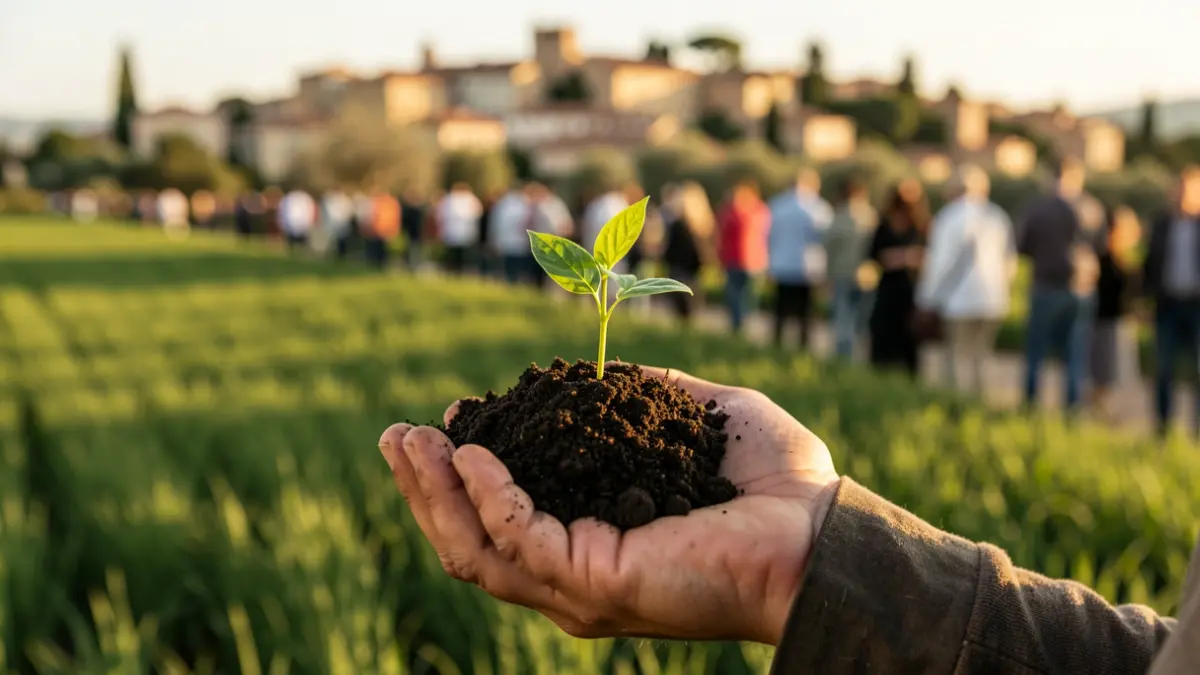 Imatge genèrica de mans sostenint una planta jove amb un poble mediterrani al fons.