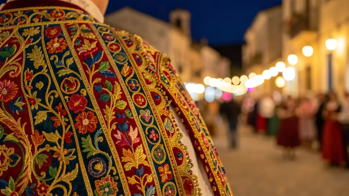 Detall d'un vestit tradicional de foguerer o barraquer amb fons festiu borros.