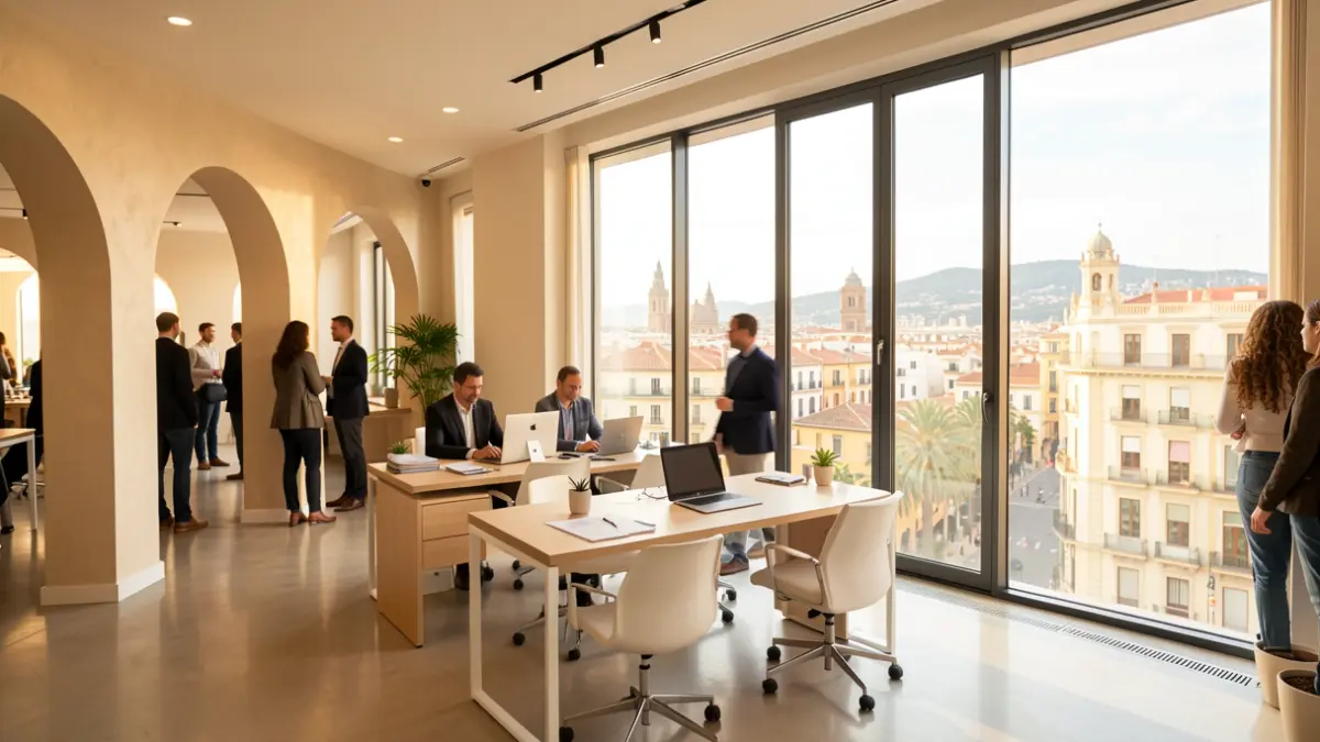Imatge genèrica d'un interior d'oficina moderna amb vistes a la ciutat de València.