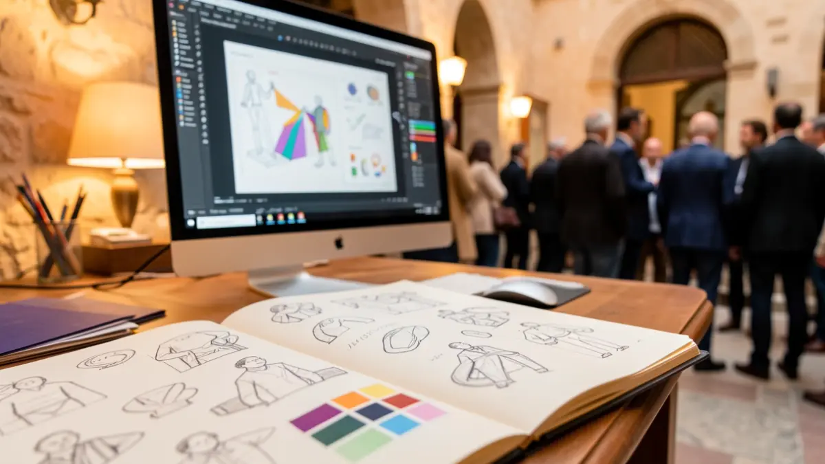 Generic image of a graphic design desk with sketches and a monitor.