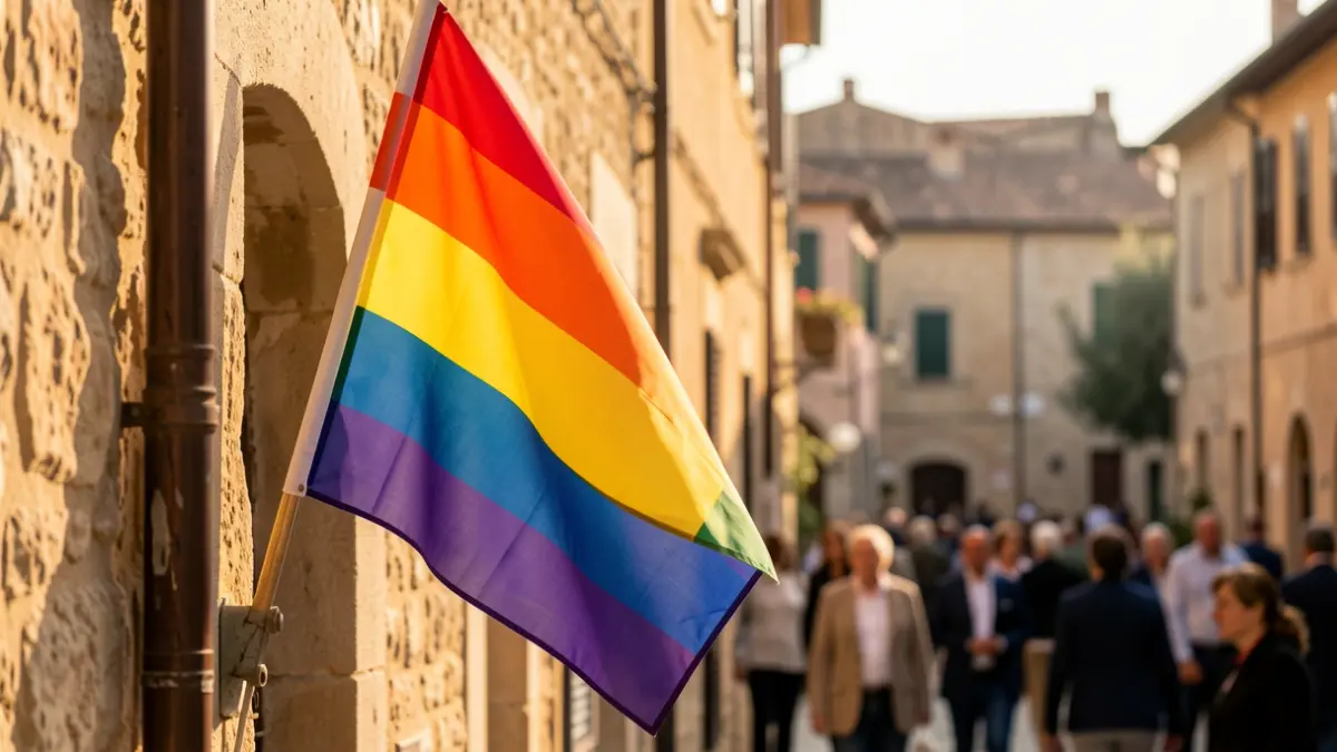 Generic image of an LGTBI flag integrated into Mediterranean architecture.