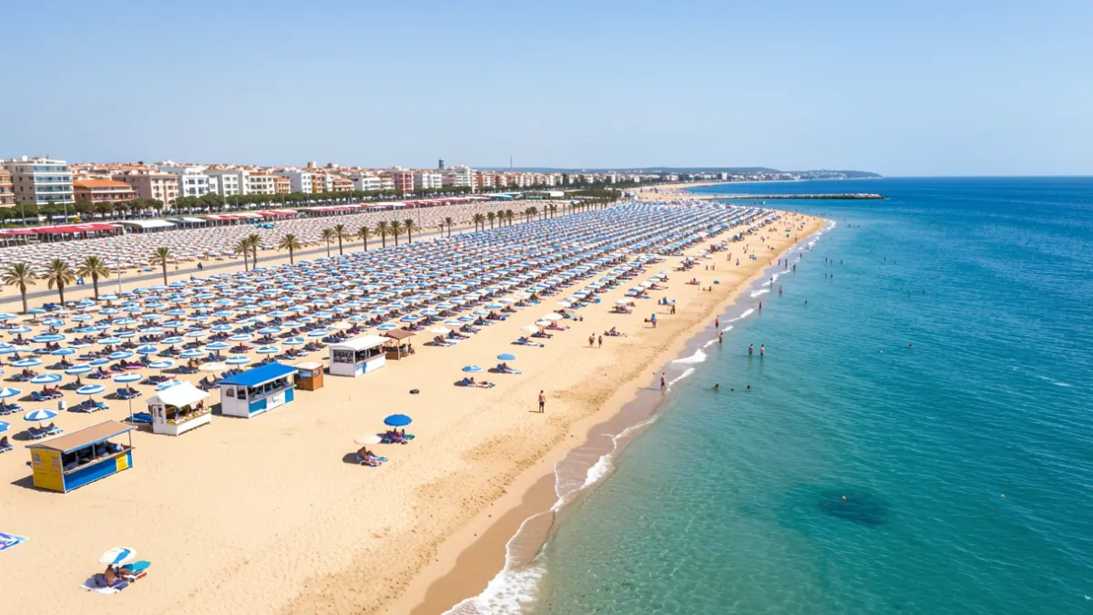 Vista aèria de la platja Nord de Gandia amb nombrosos quioscos.