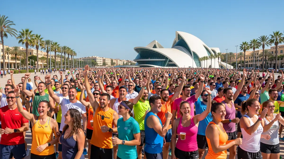 Generic image of Gay Games participants in Valencia in front of the City of Arts and Sciences.