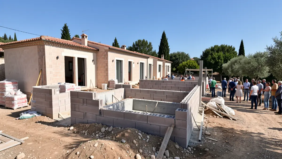 Generic image of an affordable housing construction site in a Mediterranean setting.