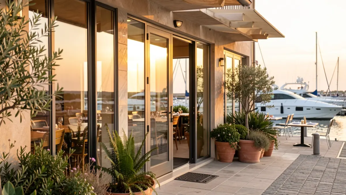 Imagen genérica de un restaurante mediterráneo en un entorno portuario.
