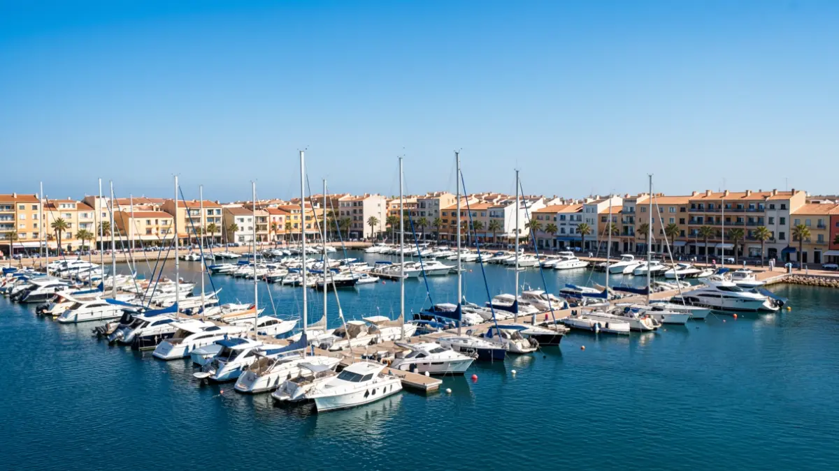 Vista de la Marina de les Dunas a Guardamar del Segura amb embarcacions amarrades.