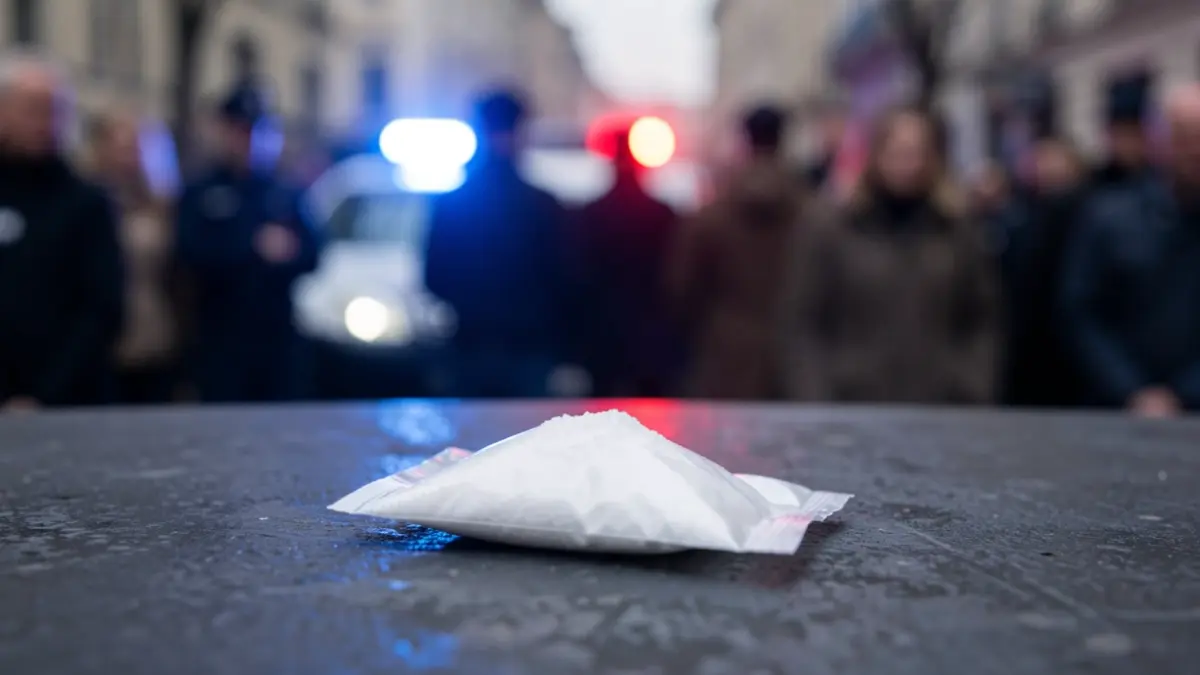 Generic image of methamphetamine with blurred emergency lights in the background.