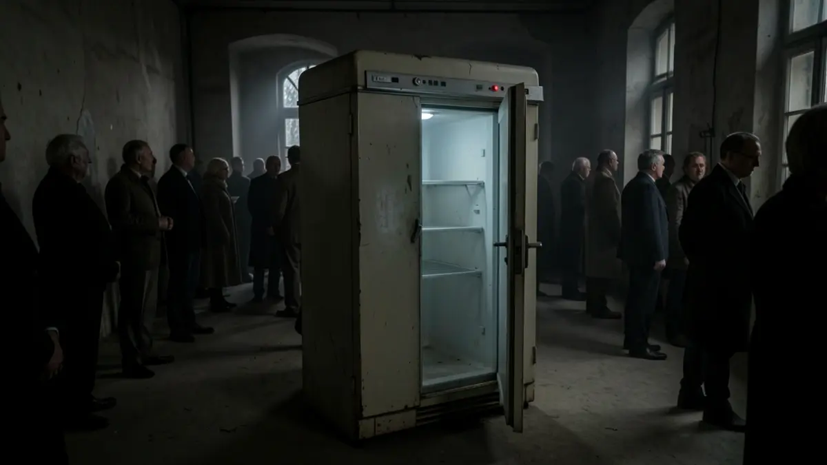 Generic image of an old freezer in a dark room, with a slight opening emitting a faint light.