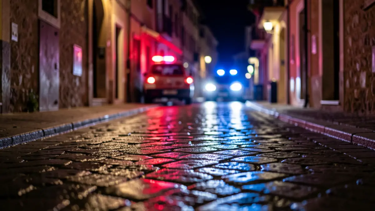 Generic image of emergency lights reflecting on wet asphalt.
