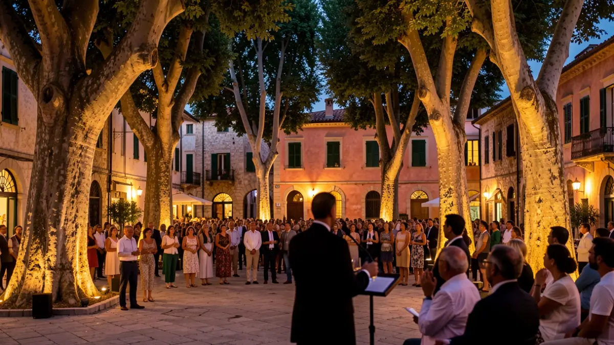 Generic image of an illuminated Mediterranean plaza at dusk, with monumental trees and a figure speaking at a podium.