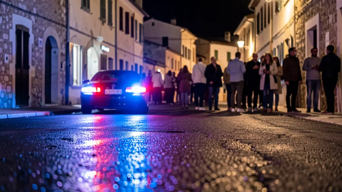 Imagen genérica de luces de emergencia policiales reflejándose en asfalto mojado.