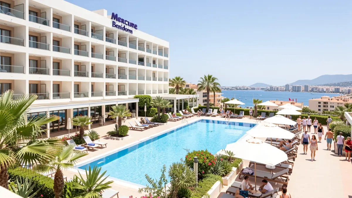 Imatge genèrica de l'exterior de l'Hotel Mercure Benidorm amb jardins i piscina.