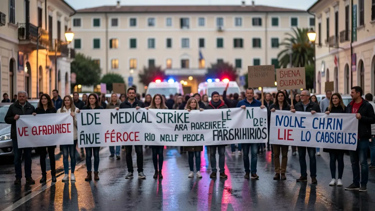 Generic image of protestors in front of a hospital with emergency lights.