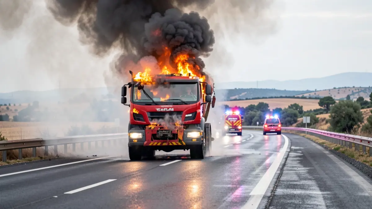 Imagen genérica de un camión de residuos en llamas en una autovía.