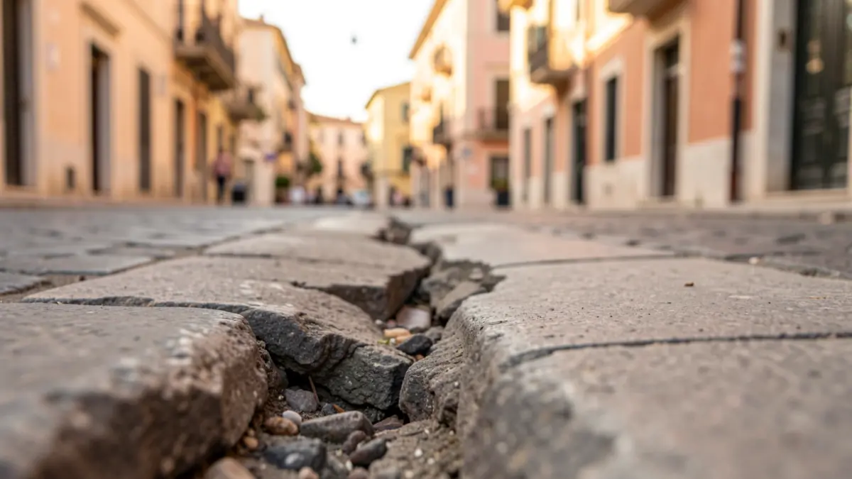 Generic image of a broken and sunken sidewalk curb on a city street.