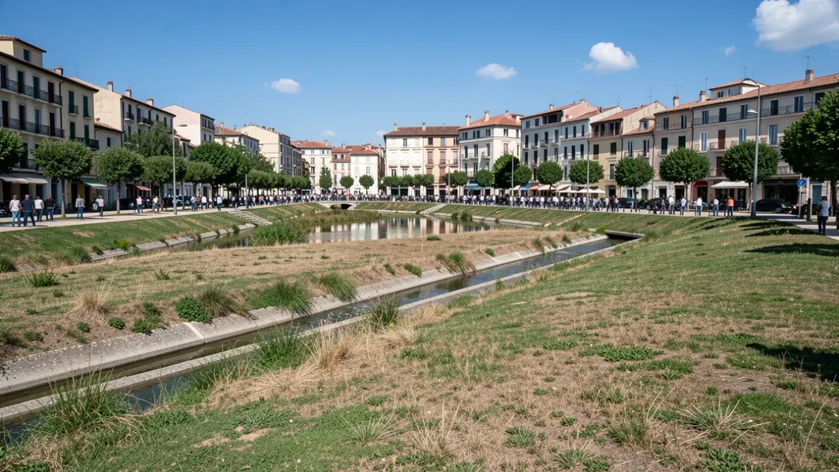 Imatge genèrica d'un parc urbà dissenyat per a gestionar inundacions, amb arquitectura mediterrània al fons.