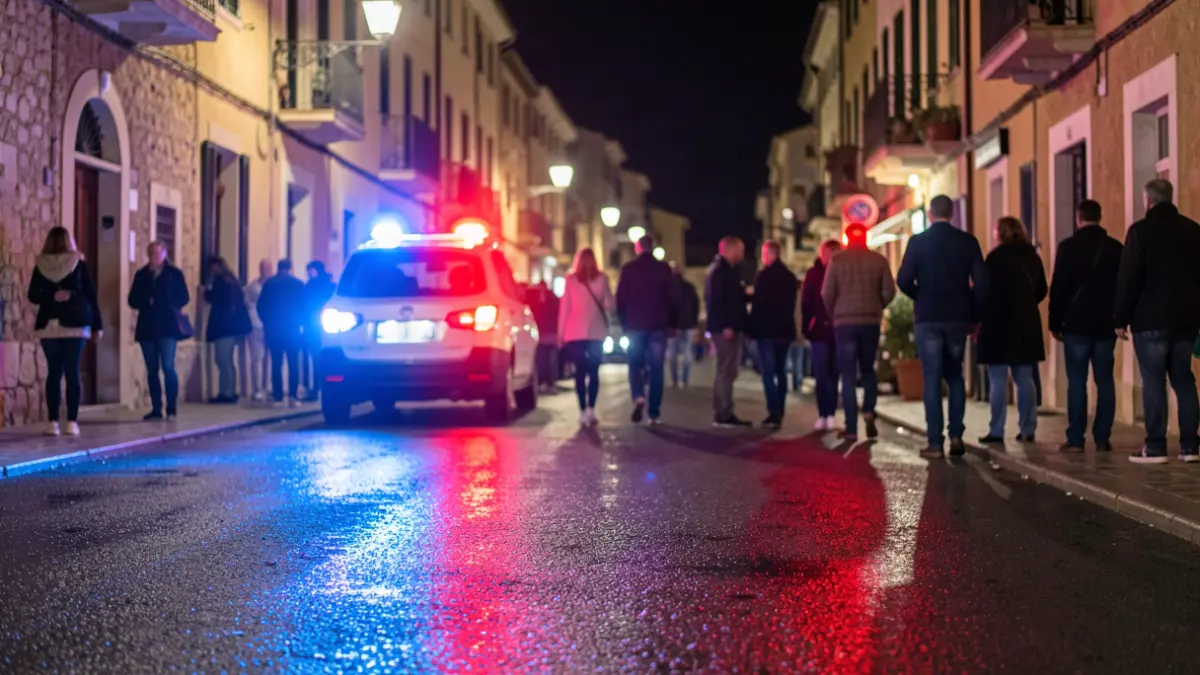Imatge genèrica de llums d'emergència policials reflectint-se en asfalt mullat.
