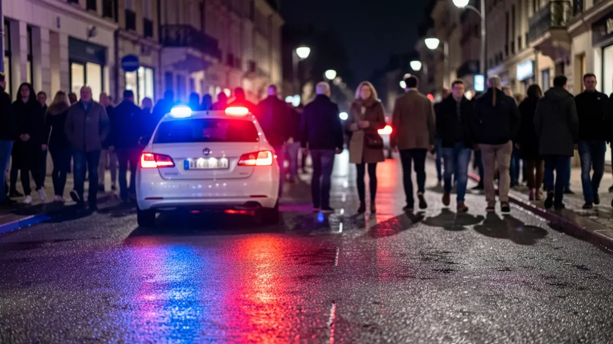 Imatge genèrica de llums d'emergència policials reflectint-se en asfalt mullat.