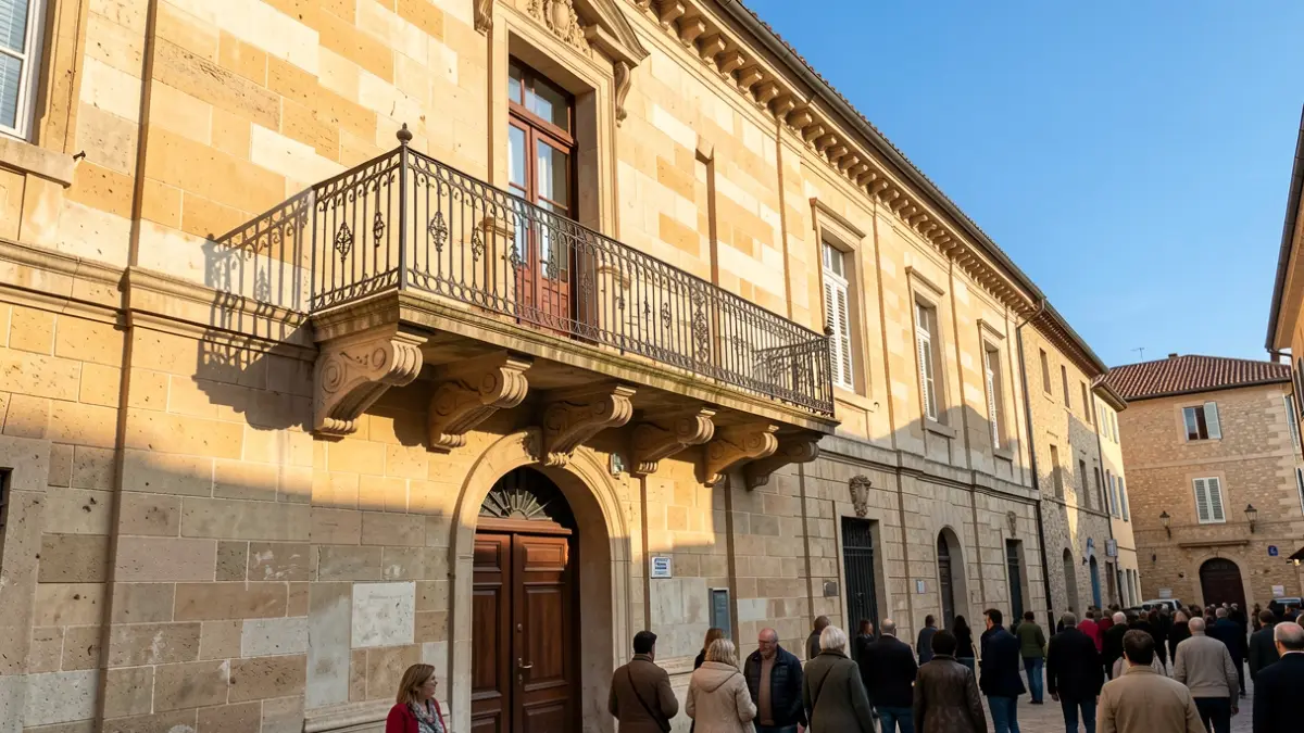 Imagen genérica de la fachada de un ayuntamiento mediterráneo con balcón y barandillas de hierro, iluminado por la luz cálida de la tarde.