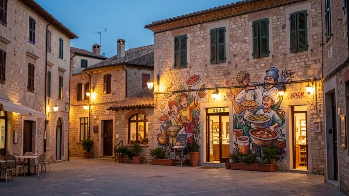 Generic image of a Mediterranean square with an artistic graffiti on a pizzeria facade.