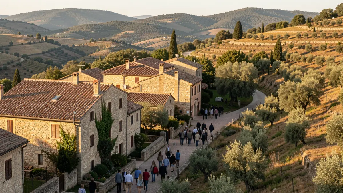 Imagen genérica de un pueblo mediterráneo a los pies de montañas, con casas de piedra y camino hacia un parque natural.